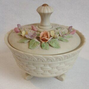 Lefton Hand Painted Candy Bowl Covered Trinket Jewelry Box Antique Ivory Flowers
